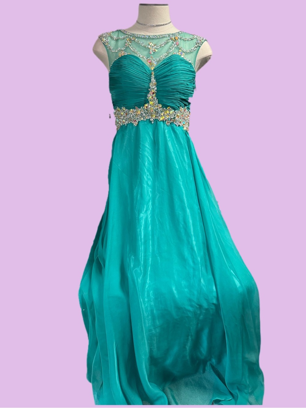 Embellished Teal Illusion Neck Prom Gown